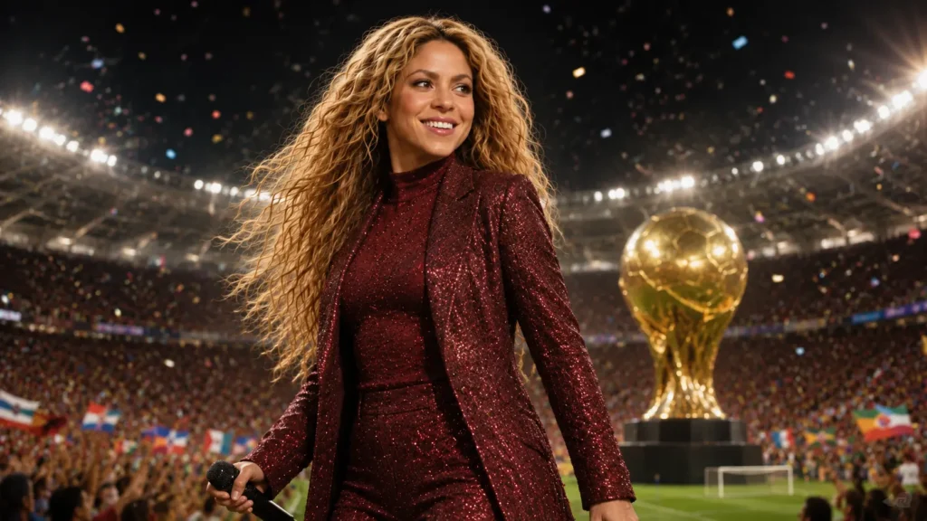 Shakira performing live at the World Cup, celebrating her favorite World Cup moments on stage