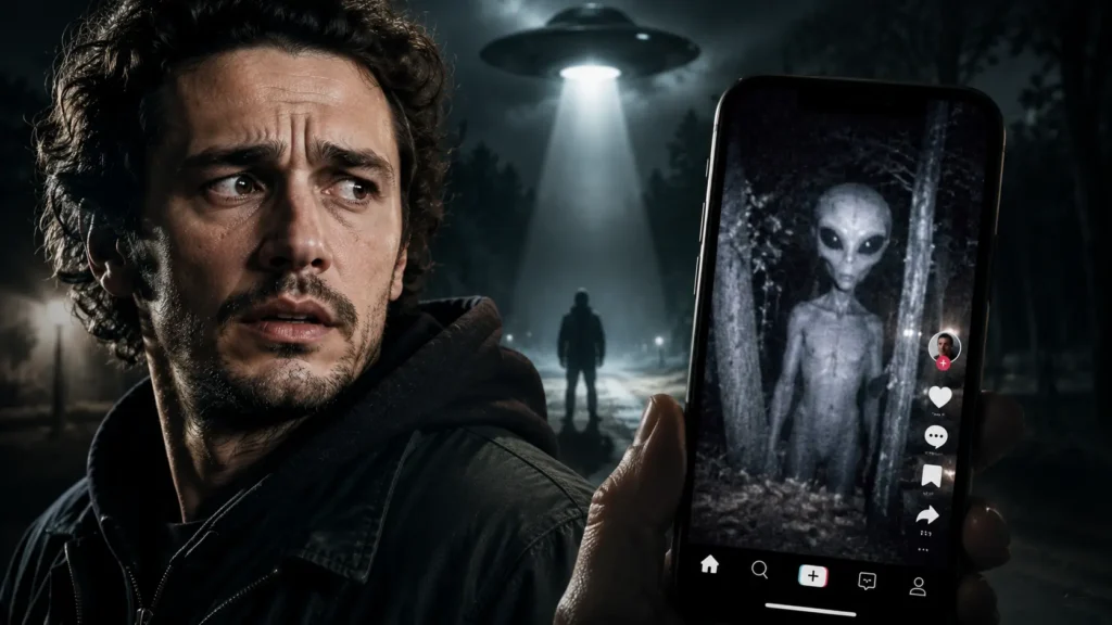 James Franco alien footage still showing a black-and-white alien-like figure near a window